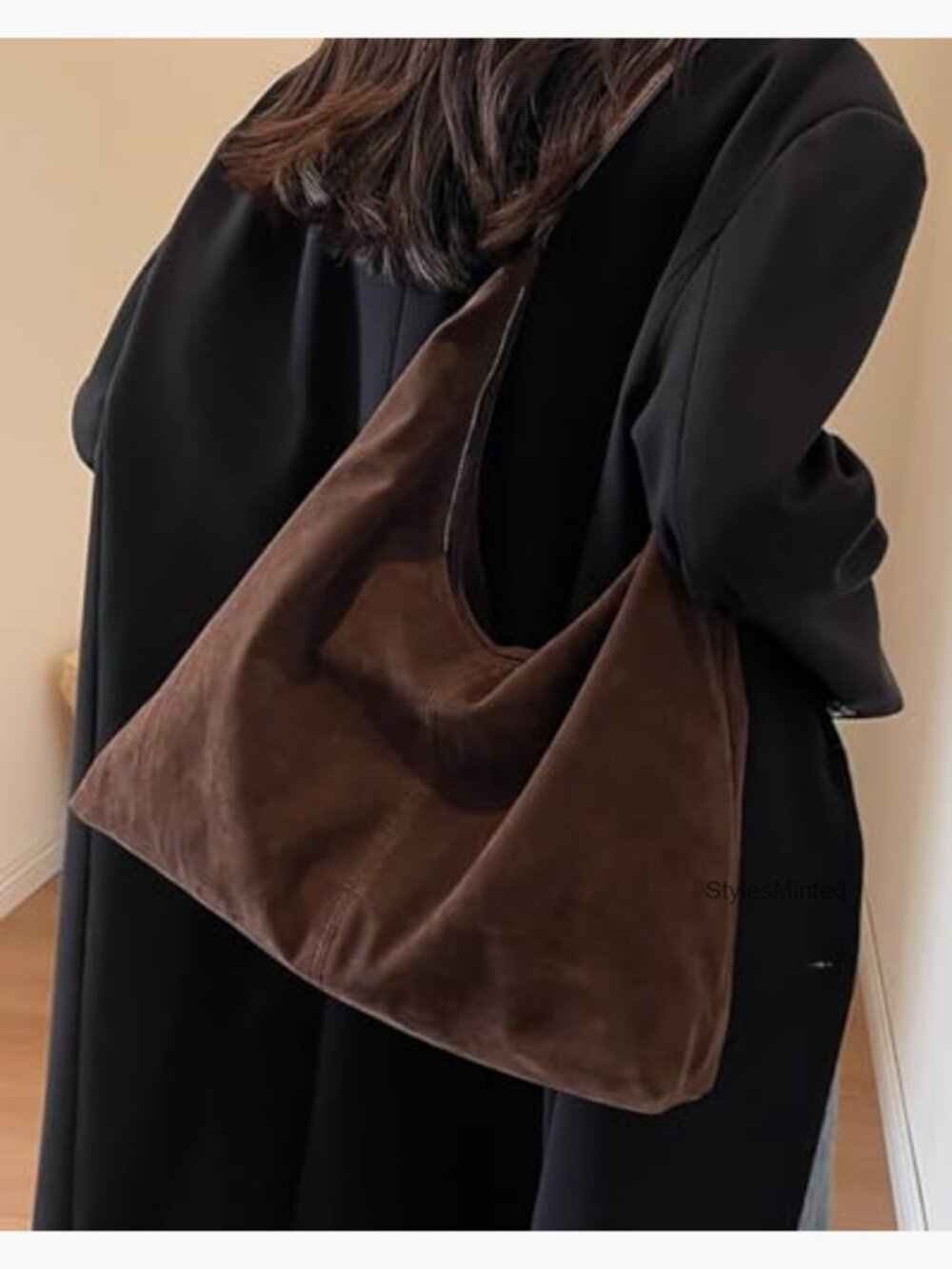 Large Faux Suede Crescent Hobo Bag with Zipper Closure - Picture 2 of 7